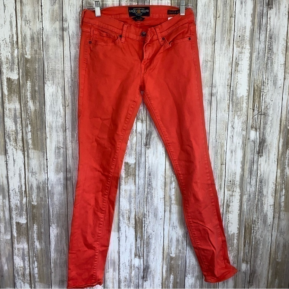 Lucky Brand Charlie Skinny Jeans Hot Coral Stretch Denim Size 4 27